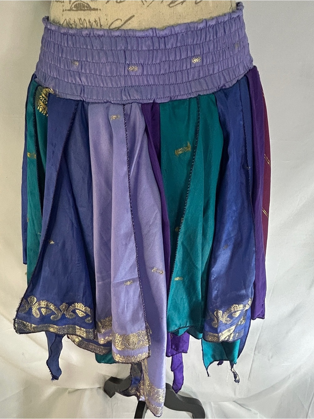 100% Silk Sari Handmade Handkerchief Skirt Boho Smocked Pixie Fairy Peacock⁠ - Picture 3 of 12